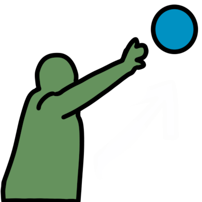 green figure throwing blue circle.